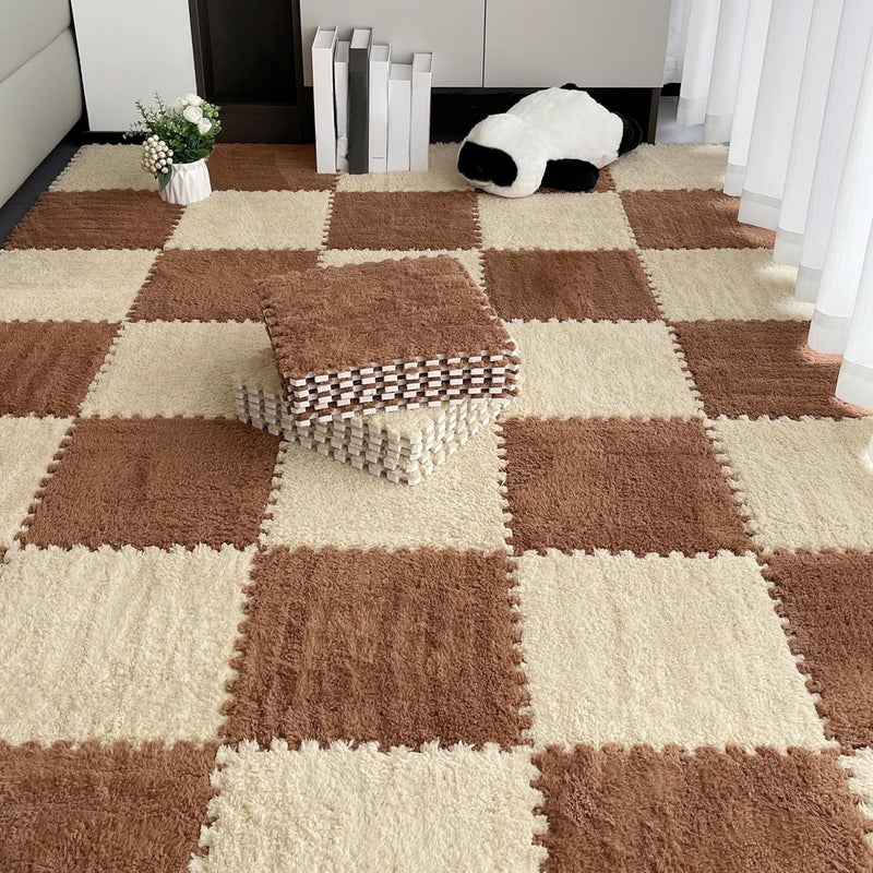 BXEBUI 12pcs Carpet Squares Puzzle Floor Mat, Plush Interlocking Carpet Tiles, Anti Slip EVA Foam Jigsaw Floor Tiles, Build A Safe Area for Bedroom Playroom (Beige+Coffee) - Image 1
